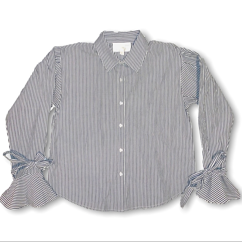 J.O.A Black and White Striped Bell Cuff Bow Cotton Collared Button Down Top